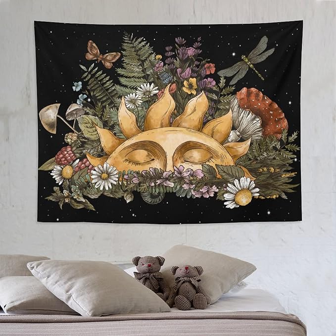 Vintage Sun Tapestry,Boho Hippie Mushroom Starry Floral Forest Plant Tapestries Wall Hanging for Dorm Living Room Bedroom Home Decor(60"x80")