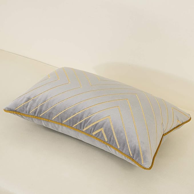 Avigers 12 x 20 Inch Grey Gold Striped Geometric Lines Embroidery Velvet Cushion Case Luxury Modern Lumbar Throw Pillow Cover Decorative Pillow for Couch Living Room Bedroom Car 30 x 50cm