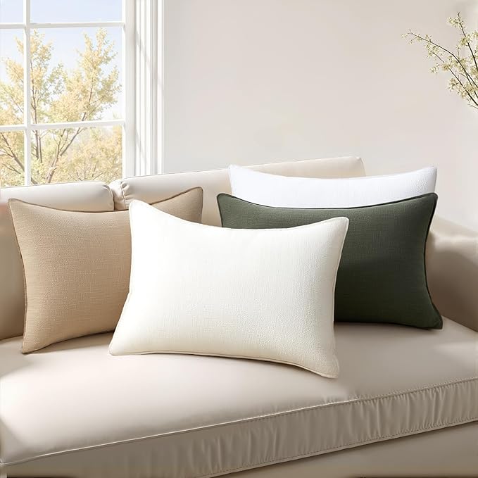Soft Linen Solid Lumbar Pillow Covers Pack of 4 Farmhouse Neutral Olive Pillow Covers Home Decor for Couch Rustic with Flange Edge Green Cushion Cases for Bed Balcony Home Decor 12x20 Inch