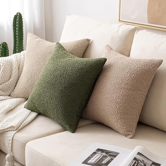 MIULEE 20x20 Inch Decorative Pillow Covers for Couch Bed Set of 2 Textured Boucle Neutral Spring Throw Pillows Olive Green Accent Solid Cushion Pillowcases Sofa Livingroom Home Decor