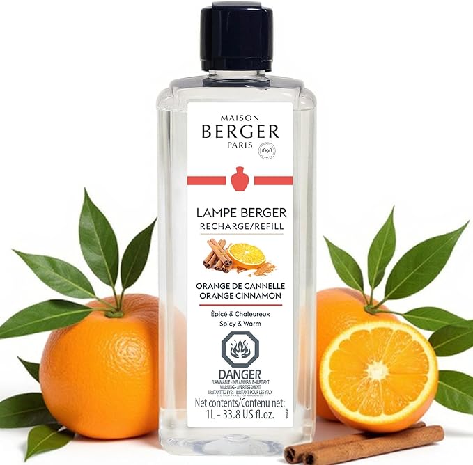 Maison Berger Orange Cinnamon Fragrance Refill – 1 Liter (33.8 fl oz) Oil for Lampe Berger Diffuser, Air Freshener Spicy Warm Aroma, 160 Hours Diffusion, French Perfumery Since 1898