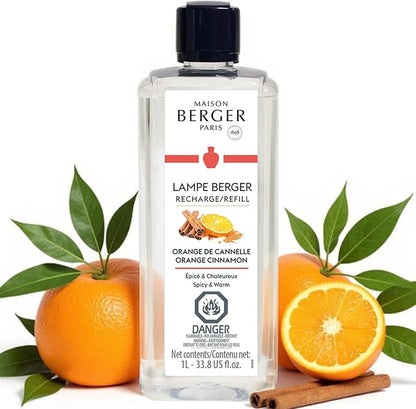 Maison Berger Orange Cinnamon Fragrance Refill – 1 Liter (33.8 fl oz) Oil for Lampe Berger Diffuser, Air Freshener Spicy Warm Aroma, 160 Hours Diffusion, French Perfumery Since 1898