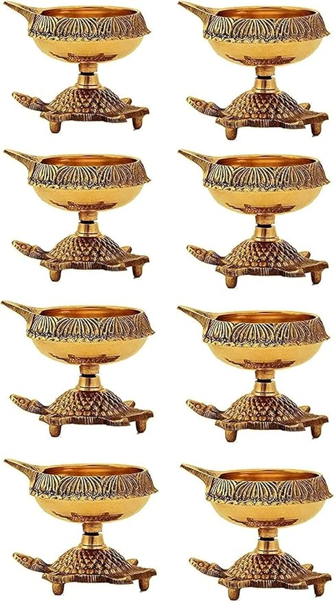 SATVIK 8 Pc Brass Kuber Turtle Diya for Diwali Decoration Handmade Oil Lamp with Golden Engraved Virgin Brass Metal Diwali Diya Vilakku