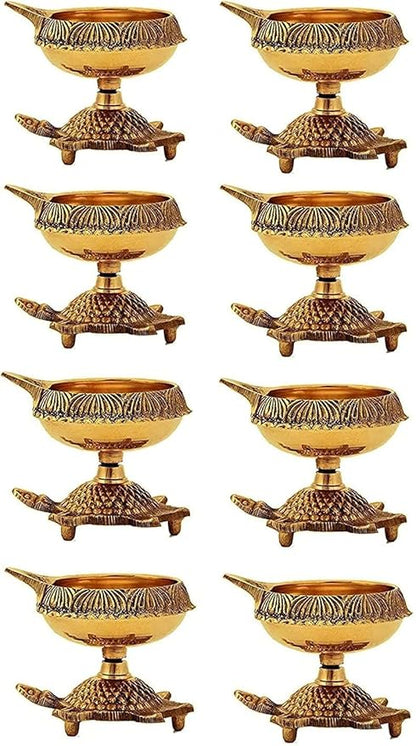 SATVIK 8 Pc Brass Kuber Turtle Diya for Diwali Decoration Handmade Oil Lamp with Golden Engraved Virgin Brass Metal Diwali Diya Vilakku