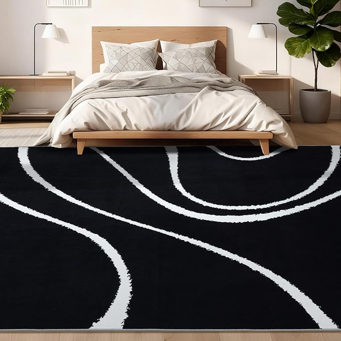 YIHOUSE Abstract Washable Rug 6x9,Ultra Thin Non Slip Black Rugs for Living Room,Modern Minimalist White Stripe Rugs for Bedroom,Dining Room Office Playroom (6'x9',Black-2)