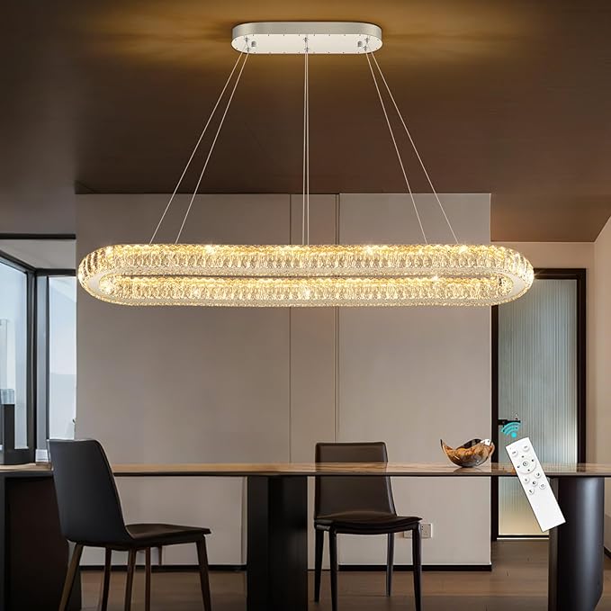 LED Oval Ring Chandelier Crystal Pendant Lighting for Dining Table Kitchen Island Remote Dimmable Hanging Light Chandeliers for Entryway Living Room Lights Silver