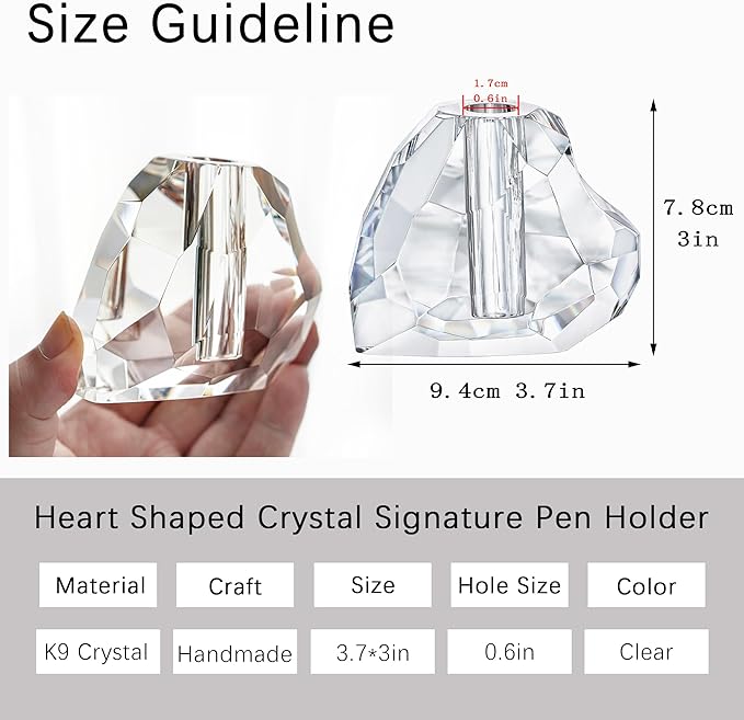 QFkris Crystal Heart Shaped Single Pen Holder for Desk, Glass Feather Pencil Holder for Office Desktop Decoration, 3.5" Fancy Fountain Pen Stand, Christmas Gift for Man