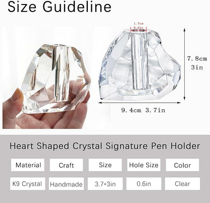 QFkris Crystal Heart Shaped Single Pen Holder for Desk, Glass Feather Pencil Holder for Office Desktop Decoration, 3.5" Fancy Fountain Pen Stand, Christmas Gift for Man