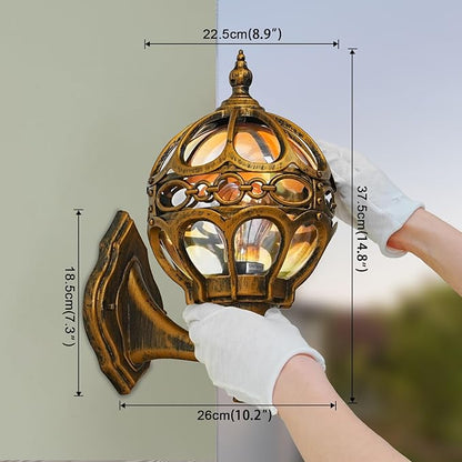 Gold Outdoor Wall Light Fixtures, Globe Exterior Aluminum Waterproof Porch Lights, Sphere Anti-Rust Outside Lantern Wall Mount with Amber Glass for Patio Backyard Garage Doorway, 2 Pack
