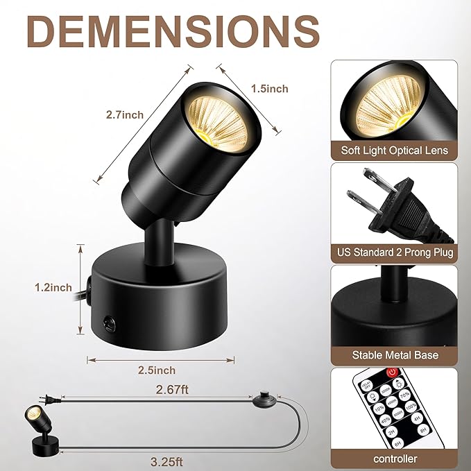 5W LED Indoor Spotlights with Remote - Dimmable & Timer, 3 Color Temperatures, 3000K/4000K/5000K- Ideal for Plants, Pictures & Artwork - Floor & Wall Accent Lights with 5.9FT Plug Cord