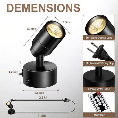 5W LED Indoor Spotlights with Remote - Dimmable & Timer, 3 Color Temperatures, 3000K/4000K/5000K- Ideal for Plants, Pictures & Artwork - Floor & Wall Accent Lights with 5.9FT Plug Cord