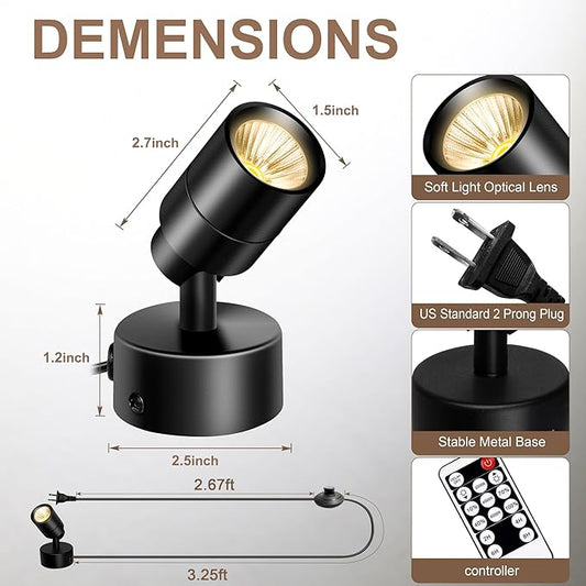5W LED Indoor Spotlights with Remote - Dimmable & Timer, 3 Color Temperatures, 3000K/4000K/5000K- Ideal for Plants, Pictures & Artwork - Floor & Wall Accent Lights with 5.9FT Plug Cord