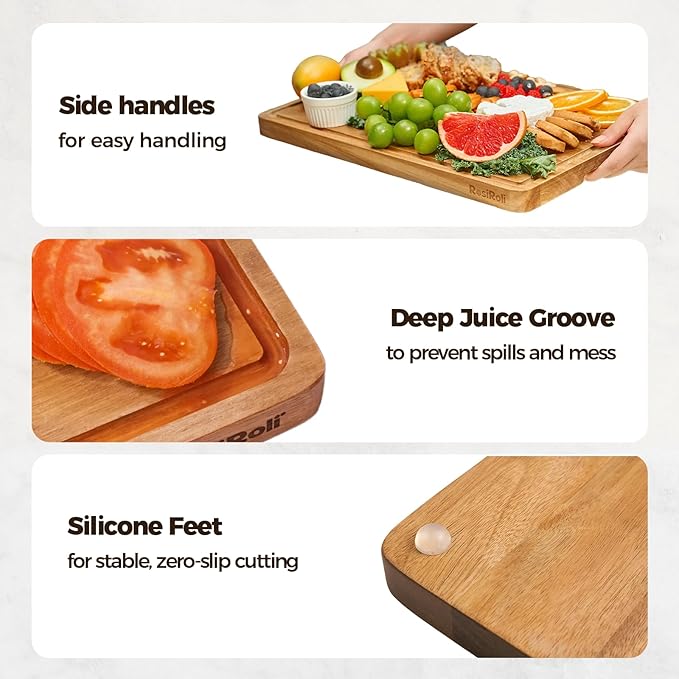 Acacia Wood Cutting Board for Kitchen, Set of 3 - Durable 1" Thick Chopping Boards with Juice Grooves & Handles for Prep & Serving, Impressive Gift for Housewarming, Christmas, and Home Chefs