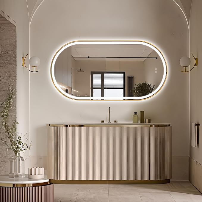 Niccy Oval LED Mirror for Bathroom, 55x28 Front Lit + Backlit Vanity Mirrors with Light Anti-Fog, Shatter-Proof, 3 Colors, Makeup Mirror with Old Gold Frame (Horizontal/Vertical)