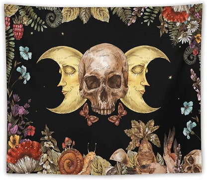 Boho Moon Skull Tapestry,Vintage Sun Moon Hippie Mushroom Floral Plant Tapestries Wall Hanging for Dorm Living Room Bedroom Decor(50"x60")