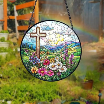 8 Inch Stained Glass Cross Suncatcher for Window Hanging, Stained Glass Windows Hanging Religious Gifts for Women, Sun Catcher for Home Garden Decor, Baptism, Memorial (Cross & Wildflowers)