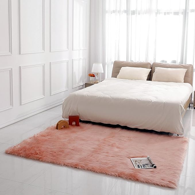 Faux Fur Rug Sheepskin Shag Fluffy Fuzzy 5x7 ft Pink Rugs for Bedroom Bedside Bed Floor Living Room Plush Rectangle High-Density Cushion Carpet Super Sofa Cover