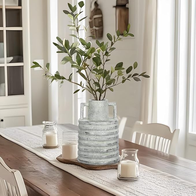 Hollyone Large Vintage Ceramic Vase with 2 Handles, 9.1" Tall Silver-Toned Antique Rustic Decorative Floral Grey Vases for Flowers Home Table Centerpiece Shelf Living Room Entryway Farmhouse Decor