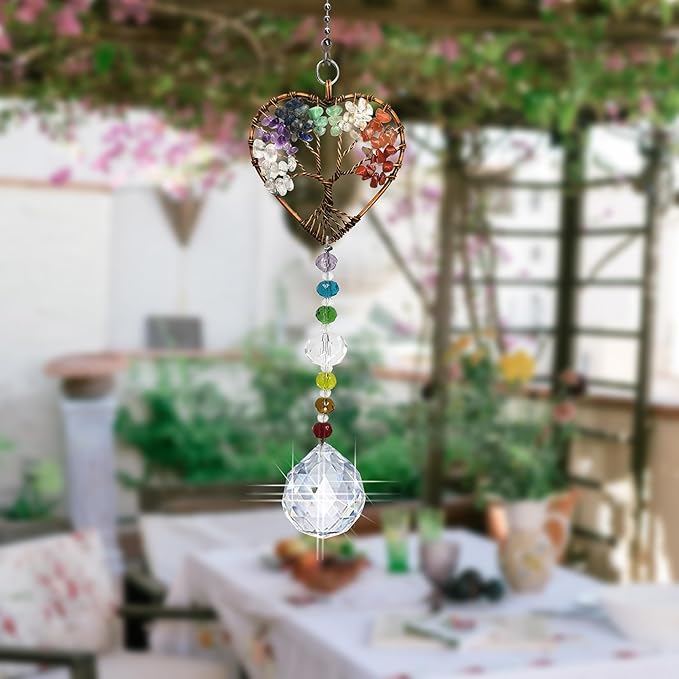 Window Hanging Suncatcher with Crystal, Tree of Life Suncatcher Garden Hanging Rainbow Maker Ornament (Tree of Life-Heart)