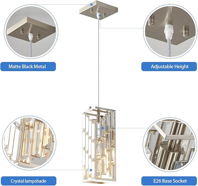 Brass Nickel Pendant Lighting Modern Pendant Light, Mini Crystal Chandeliers, Adjustable Pendant Light Fixture for Kitchen Island Dinning Room Bedroom (3 Pack)