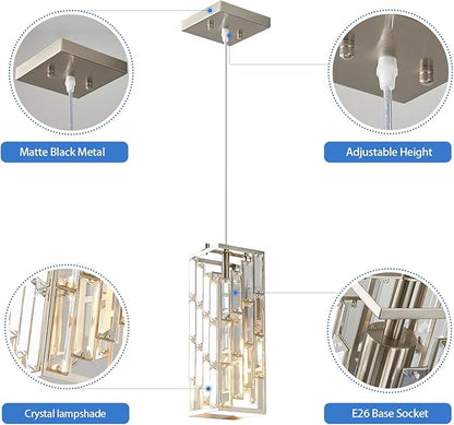 Brass Nickel Pendant Lighting Modern Pendant Light, Mini Crystal Chandeliers, Adjustable Pendant Light Fixture for Kitchen Island Dinning Room Bedroom (3 Pack)