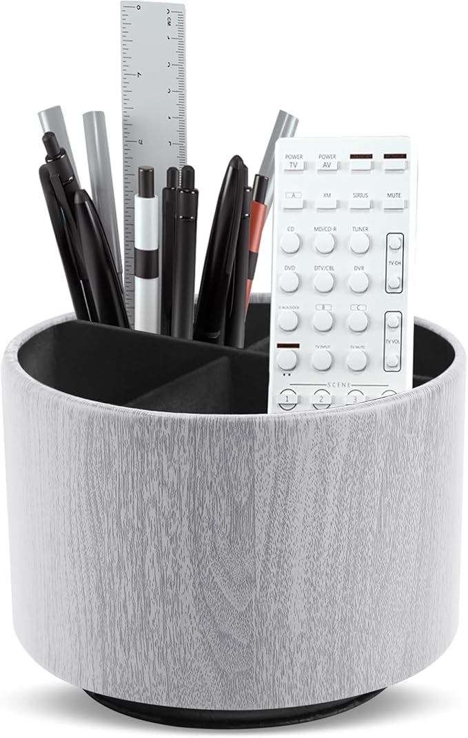 Round Leather Art Supply Organizer,Remote Control Holder,360 Degree Spinning,Multi-Functional Pencil Holder,4 Compartments Desktop Stationary Organizer(1-Thin Wood Grey)