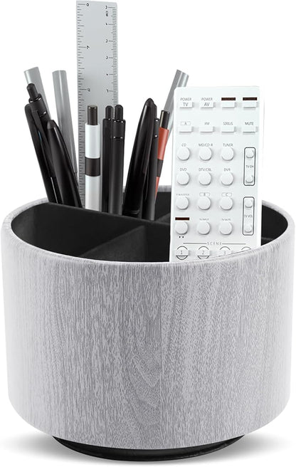 Round Leather Art Supply Organizer,Remote Control Holder,360 Degree Spinning,Multi-Functional Pencil Holder,4 Compartments Desktop Stationary Organizer(1-Thin Wood Grey)