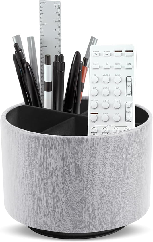 Round Leather Art Supply Organizer,Remote Control Holder,360 Degree Spinning,Multi-Functional Pencil Holder,4 Compartments Desktop Stationary Organizer(1-Thin Wood Grey)