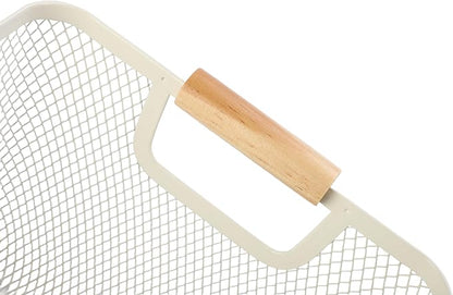 2Pack Metal Mesh Steel Basket, Small Wire Storage Organizer Basket Multi-function Hanging Kitchen Basket Fruit Basket with Wood Handle for Kitchen Picnic Cabinet Home Decor, Rectangle-Off White