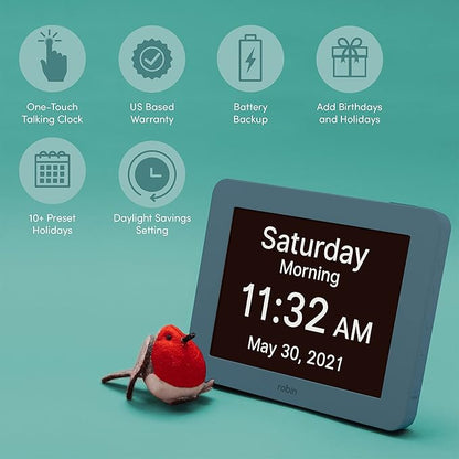 Robin Clock 2024 with Day and Date for Elderly, Clocks for Seniors, Dementia Clock, Digital Calendar Clock Elderly, Bedside Clocks Seniors, Alzheimers Products, Dementia Clocks Extra Large, Winter Day