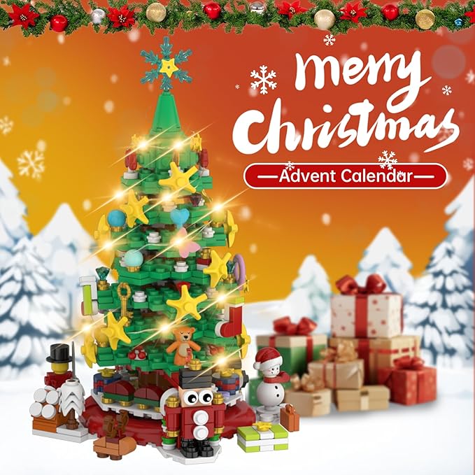 Advent Calendar 2025 Christmas Building Blocks Kit - Christmas Paradise Building Set with LED Light,24 Days Countdown Toys Building Set for Teen Boys Girls Gifts