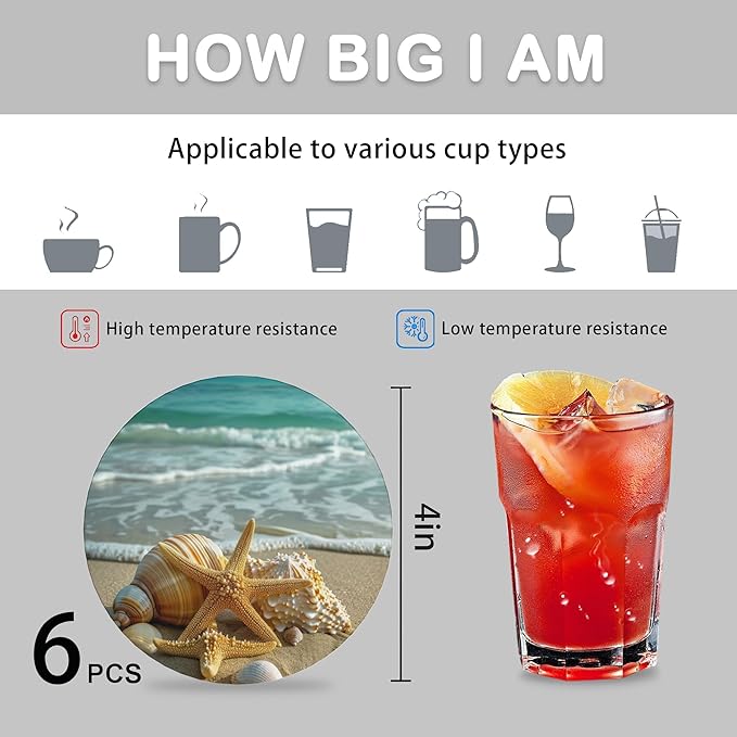 Drink Coasters for Drinks Set of 6,Beach Starfish Shell Absorbent Round Ceramic Stone Mat Coaster, with Cork Base and Metal Holder, Home Bar Decor House Warming Gift