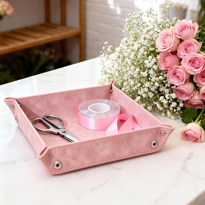 siduater Valet Tray Desktop Storage Organizer – Vegan Leather Catchall Bedside Vanity Tray Nightstand Caddy Holder for Remote Controller, Watch, Keys, Phone, Wallet, Coin, Jewelry, Stone Pink