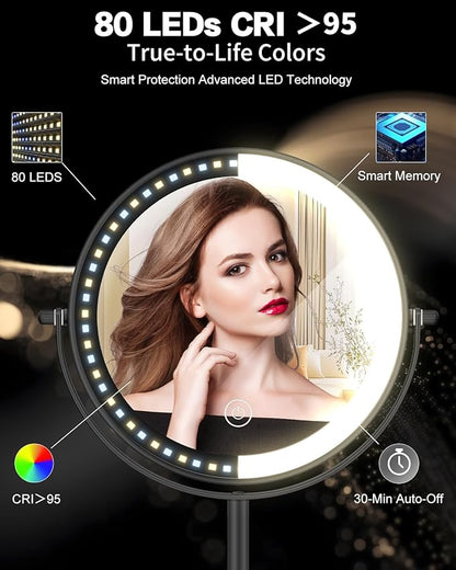 VFD 30X/1X Makeup Mirror with Lights, Height Adjustable Lighted Magnifying Vanity Mirror with 3 Lighting and Adjustable Brightness, 3000mAh Rechargeable Double Sided Switch for Desk Women Gift