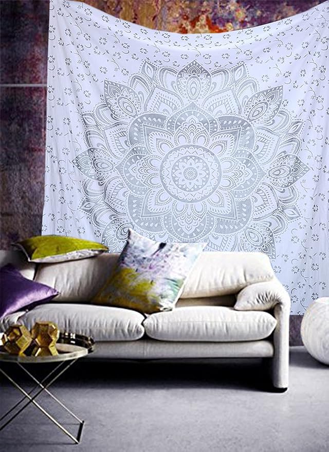 raajsee Glittering Silver Grey Tapestry Wall Hanging Mandala-Bohemian Room Decor-Indian Cotton Throw Hippie Tapestries -Boho Bedding White Golden Queen bedspread 82x92 inches-Meditation Yoga Mat Rugs