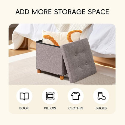 PINPLUS Storage Ottoman Cube, White Linen Footrest with Wooden Legs, Foldable Fabric Footrest, Comfortable Seat with Lid, Ottoman with Storage for Living Room, 15" x 15" x 15"，Grey
