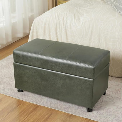 Joveco 32" Faux Suede Storage Ottoman Bench with Wheel, Rectangle Foot Rest Stool for Living Room, Bedroom, Entryway,Moss Green