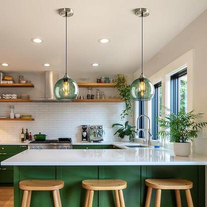 Gray Green Glass Pendant Lights Kitchen Island Lighting Globe Pendant Light Fixtures Modern Pendant Lighting for Kitchen Island Bedroom Living Dining Room Light Fixture(7.87in, 1-Pack)