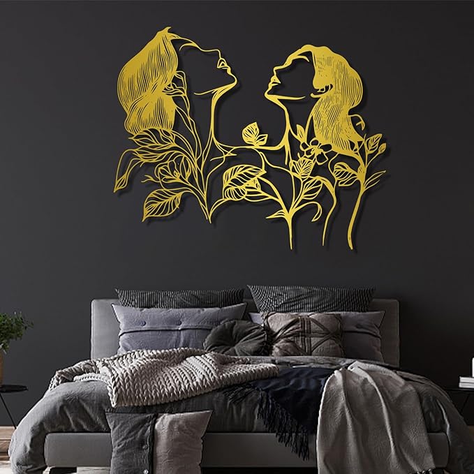 Metal Feminine Wall Art, Female Silhouette Line Art, Metal Flower Female Wall Decor, Metal Minimalist Abstract Woman and Flower Wall Art Single Line for Livingroom, Bedroom (Gold, 24"x19"/60x49cm)