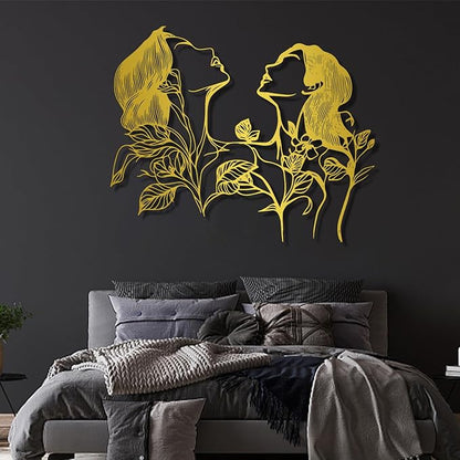 Metal Feminine Wall Art, Female Silhouette Line Art, Metal Flower Female Wall Decor, Metal Minimalist Abstract Woman and Flower Wall Art Single Line for Livingroom, Bedroom (Gold, 24"x19"/60x49cm)