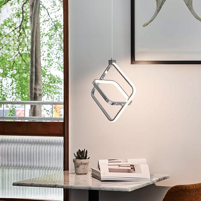 Modern LED Chandelier Chrome Rectangular Pendant Light Fixtures 4000K 20W Dimmable Height Adjustable Pendant Lighting for Dining Room Kitchen Island Bedroom Living Room Foyer（3-Pack）