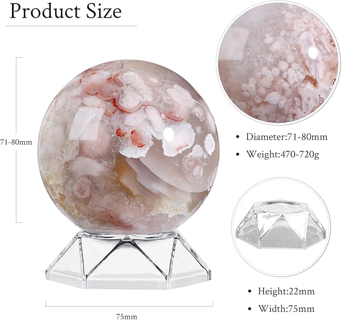 Natural Cherry Blossom Agate Crystal Ball with Acrylic Display Base, 71-80mm Polished Stone Feng Shui Crystal Sphere Meditation Decoration for Home & Office