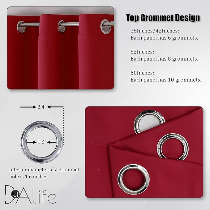 DUALIFE Red Blackout Curtains for Bedroom 54 Inch Length Room Darkening Thermal Insulated Short Kitchen Curtains with Grommet Window Drapes Curtain Panels 38 x 54 Inches Long