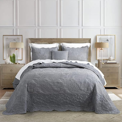 HZ & HY Oversized King Bedspread, Quilted Coverlet Bedding Set, Lightweight Thin Comforter, Reversible, Luxurious, 5 Piece, 100% Microfiber, Grey