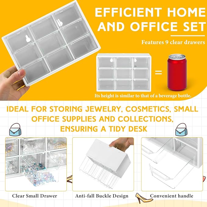Wenqik 2 Pcs Mini Storage Drawers Teacher Toolbox Organizer with 9 Clear Drawers Small Plastic Desktop Teacher Desk Craft Organizer for Classroom Office 7" x 3. 9" x 4. 7"(White)