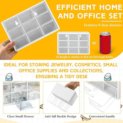 Wenqik 2 Pcs Mini Storage Drawers Teacher Toolbox Organizer with 9 Clear Drawers Small Plastic Desktop Teacher Desk Craft Organizer for Classroom Office 7" x 3. 9" x 4. 7"(White)