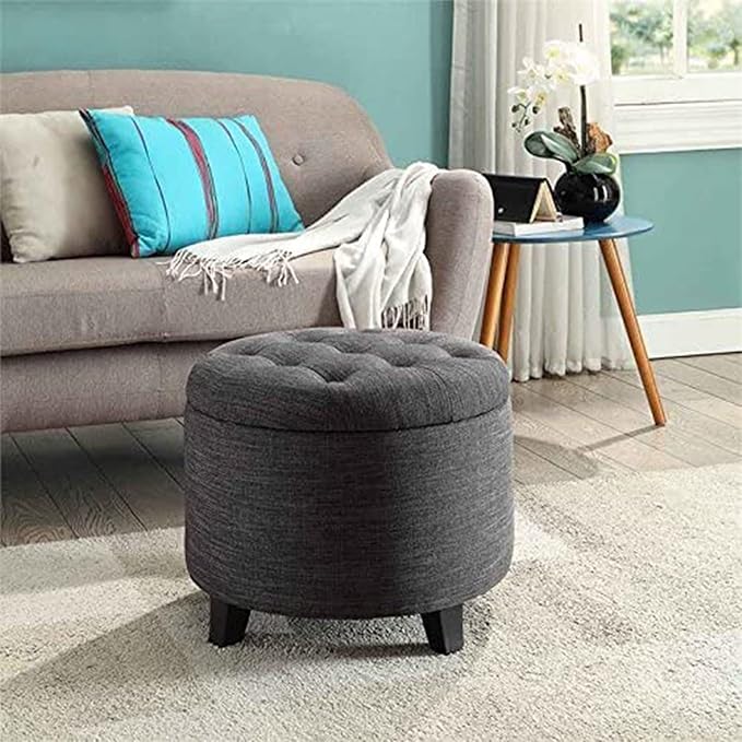 Convenience Concepts Designs4Comfort Round Storage Ottoman 19.75" - Versatile Contemporary Foot Stool for Living Room, Office, Den, Gray Fabric