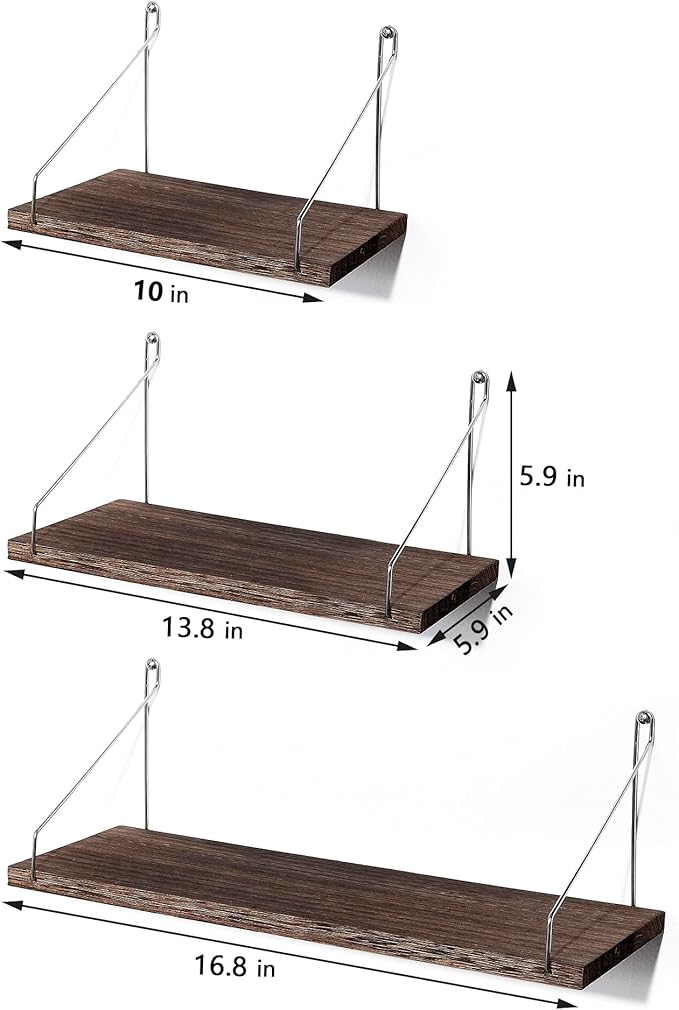 MITIME Floating Shelves Set of 3 Rustic Solid Wood Floating Shelf Wall Storage Shelves for Living Room, Bedroom, Bathroom, Kitchen Laundry, Office.no Drill Shelf.(Retro Color L+M+S)
