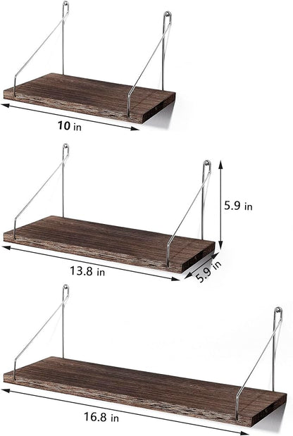 MITIME Floating Shelves Set of 3 Rustic Solid Wood Floating Shelf Wall Storage Shelves for Living Room, Bedroom, Bathroom, Kitchen Laundry, Office.no Drill Shelf.(Retro Color L+M+S)