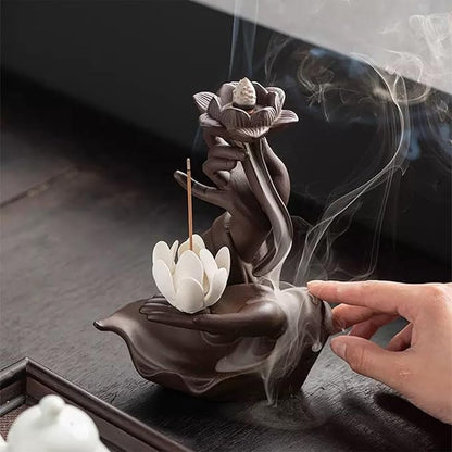 Lotus Backflow Incense Burner– Ceramic Cones Incense Holder with 60 Incense Cones + 30 Sticks + 1 Mat+1 Tweezers | Waterfall Incense Burner & Waterfall Fountain |